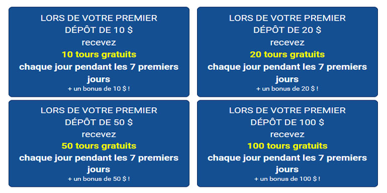 Tours de Bienvenue et Bonus de 100% sur le 1er Dépôt